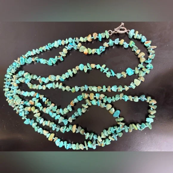 SX 925 Sterling Silver Necklace Turquoise Nugget Hand Knotted Toggle Clasp 82”L
